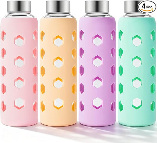 Mrsdry 18 oz Glass Water Bottles with Lids & Silicone Sleeves, 4-Pack | BPA Free, Leak-Proof Reusable Glass Drinking Bottles with Stainless Steel Airtight Cap for Juicing, Dishwasher Safe, Non-Slip