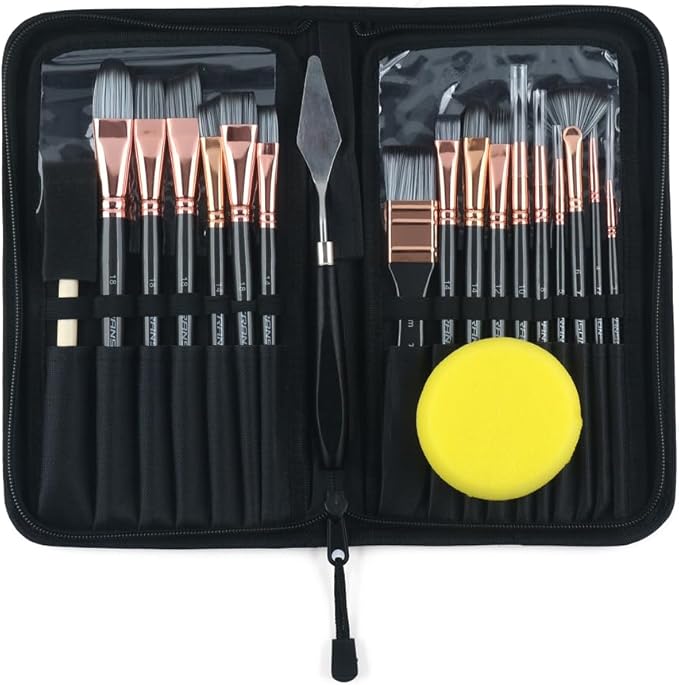 Transon 20Pcs Art Paint Brush Kit with Storage Case, 16 Brushes + Foam Brush Spatula Sponge for Acrylic Oil Watercolor Gouache, Adults Teens Beginners Art Supplies