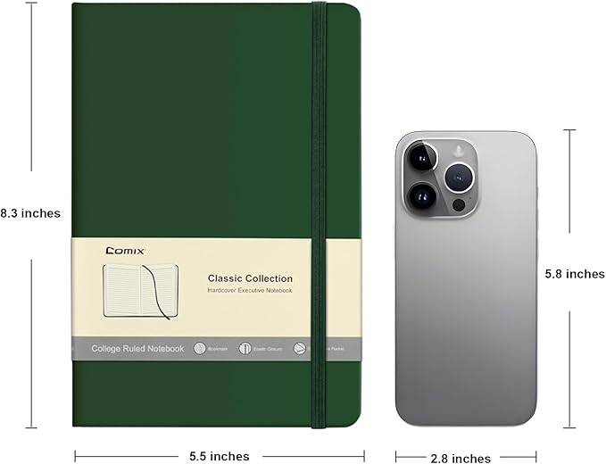 Comix 6 Pack Lined Journal Notebooks for Work, 240 Pages, 5.5"x8.3", Dark Green, Hardcover, A5 Medium College Ruled, Journaling Notebooks for Notes-Taking, Fits for Office School Home