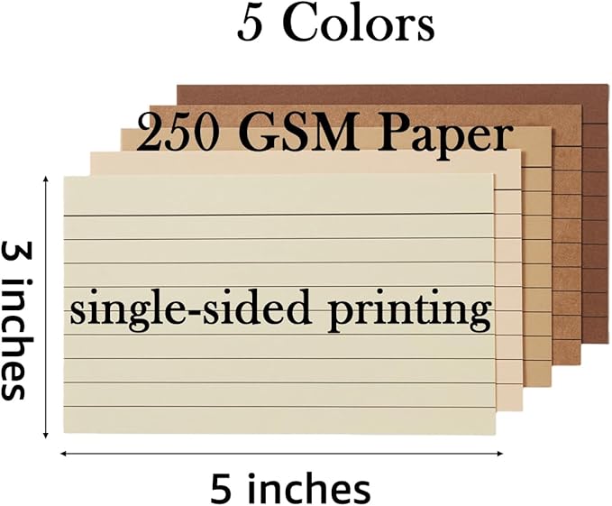 100 Sheets 3x5 Colored Ruled Note Cards Index Cards, 250 GSM Heavy Flashcards, 5 Brown