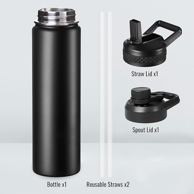 Fijinhom 24 oz Insulated Water Bottle with Handle, 304 Stainless Steel Water Bottles with 2 Lids, Double Wall Vacuum Sports Water Cup with Straw, BPA Free, Keep Cold and Hot, Black