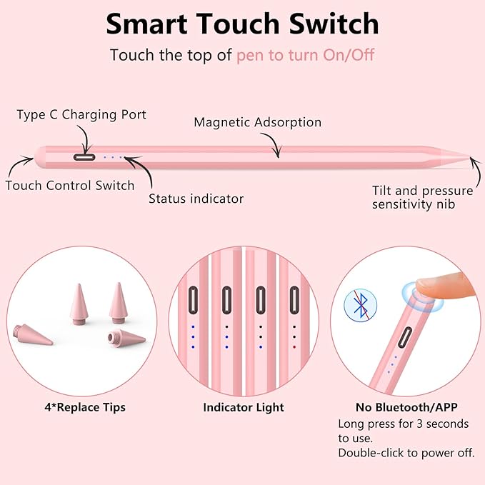 Stylus Pen for iPad 2018-2025 with Palm Rejection, Active Pencil for iPad 10th/9th/8th/7th/6th Gen, for iPad Pro 11/12.9 inch, for iPad Air 5th/4th/3th Gen, for iPad mini 6th/5th Gen (Rose Gold)