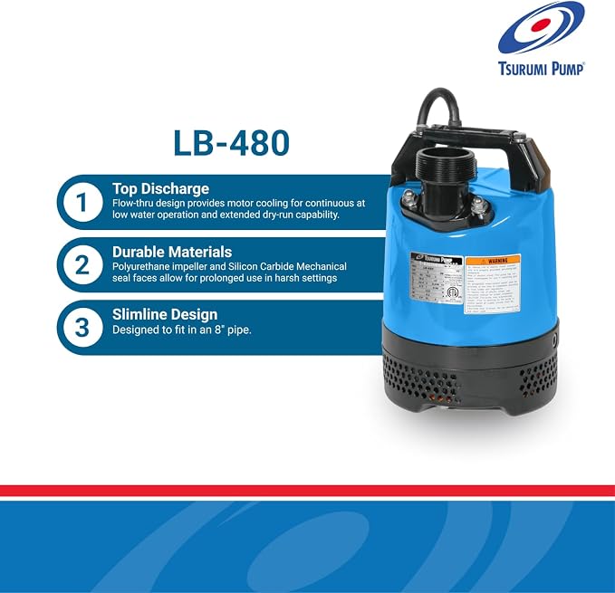 Tsurumi Pump LB-480 Submersible Dewatering Pump 2/3 HP 115V 2 in Discharge Slimline Design Ideal For Construction Use | 63 GPM / 3780 GPH