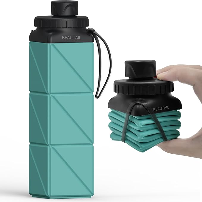 BEAUTAIL Collapsible Water Bottles 21 oz, Silicone Portable Water Bottle | BPA Free, Leakproof & Reusable, Foldable Water Bottle for Travel, Hiking, Camping, Cycling, School, Gym, 1-Pack, Blue