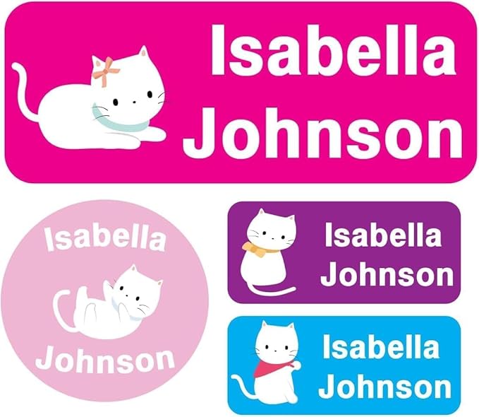 Waterproof Custom Name Stickers (135 Labels) - Personalized Daycare Labels for Clothing, Water Bottles, Lunch Boxes & School Supplies - Ideal for Camp & Daycare - No-Iron (Cat)