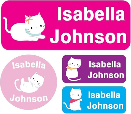 Waterproof Custom Name Stickers (135 Labels) - Personalized Daycare Labels for Clothing, Water Bottles, Lunch Boxes & School Supplies - Ideal for Camp & Daycare - No-Iron (Cat)