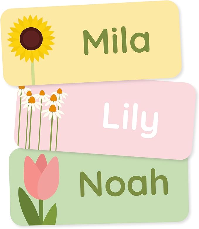 Personalized Name Labels for Kids (120) – Custom Waterproof & Durable Stickers for Clothing, Daycare, Office & School Supplies - Flowers