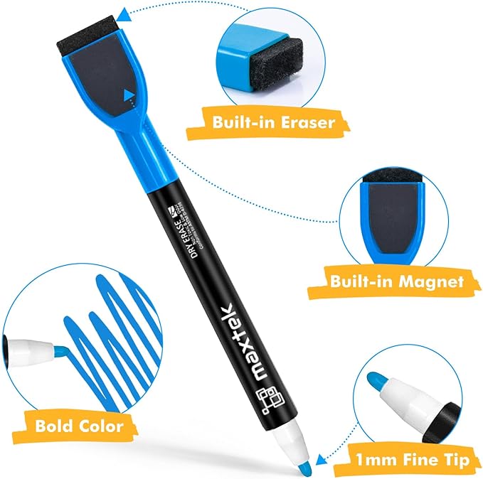 maxtek Magnetic Dry Erase Markers with Eraser - 12 Count Colorful Fine Tip Whiteboard Markers for Kids, Low Odor Whiteboard Markers for Calendar Boards White Board