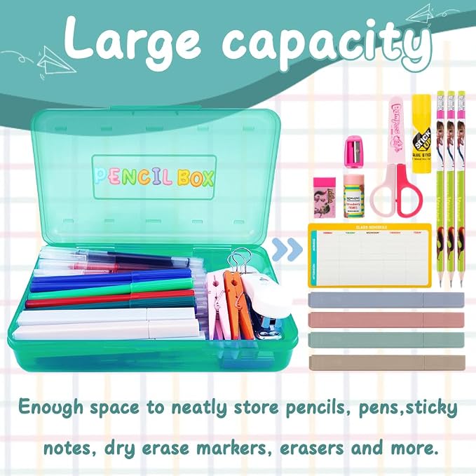 Mint Green Hard Pencil Case Plastic Large Capacity Clear Pencil Box Crayon Box Organizer 1 Pack Storage Container Organizer Boxes for Pens School Stylish Art Office Supplies Storage Medium for Boys