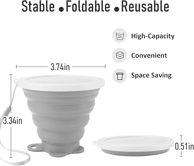 180ML Silicone Collapsible Cup 2 PCS Silicone Foldable Expandable Folding Drinking Cup Reusable Portable Cup collapsible travel cup with Lids For Travel Camping Hiking Outdoor Sports（Pink+Grey）
