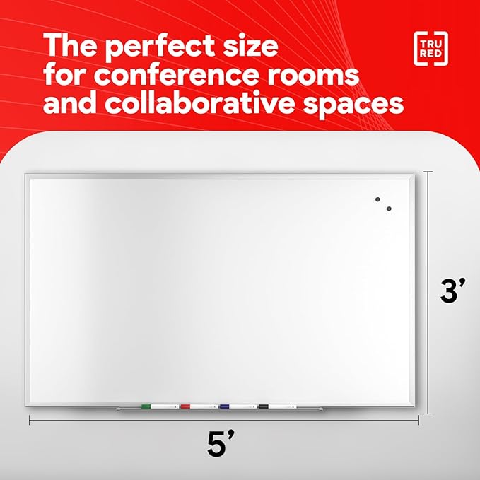 TRU RED Magnetic Porcelain Whiteboard | Dry Erase Board for Wall, White Board with Black Frame, 5 ft x 3 ft, 4 Multicolor Markers Included