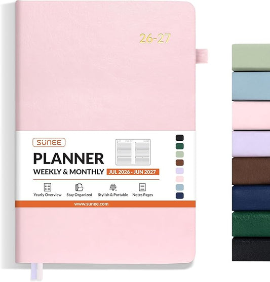 SUNEE 2026-2027 Weekly & Monthly Hardcover Planner 5.5" x 8.3" - 12 Month (July 2026 - June 2027), Small Academic Year Calendar Planner, Pocket, Notes, 100 GSM Paper, Pink