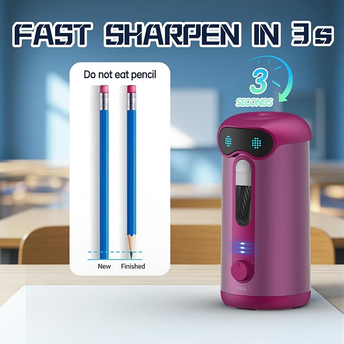 deli Electric Pencil Sharpener, Fully Automatic Pencil Sharpener, Deep Pink