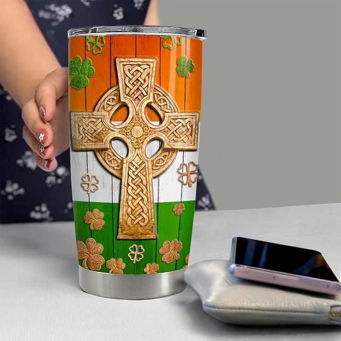 SANDJEST Irish Tumbler 20oz Celtic Cross Irish Fact Stainless Steel Tumbler with Lid Gifts for Women Birthday Christmas