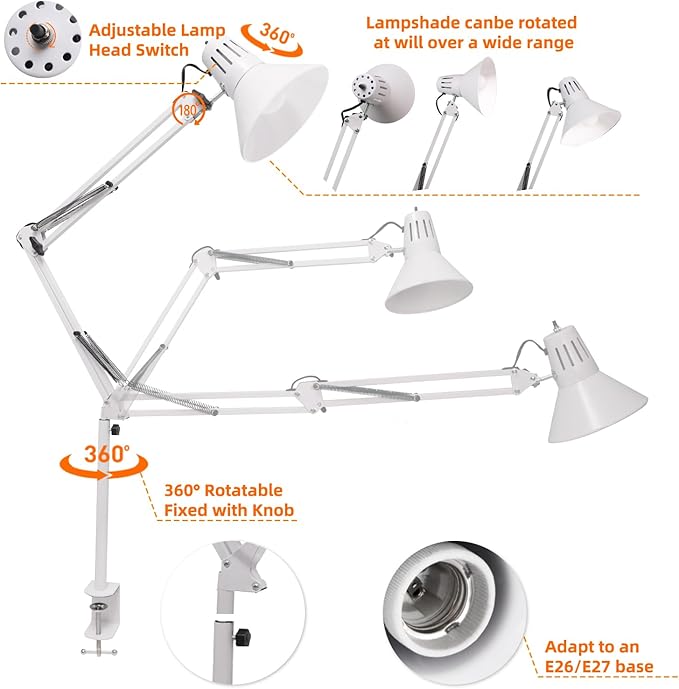 LED Desk Lamp Dimmable with Clamp, Eye-Caring Clip on Lights for Home Office, 3 Adjustable Color Temperature,Extra Tall Metal Swing Arm, High Intensity Clamp w/A19 E26 Bulb for Working Reading