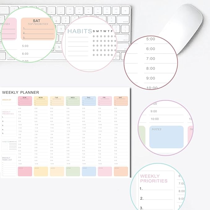 Undated Weekly Hourly Planner Notepad, Tear-Off ADHD Planner,Weekly Planner,Weekly Schedule Planner,Weekly To Do List Notepad(52 Sheets,8.5"x11",Macaron Color)
