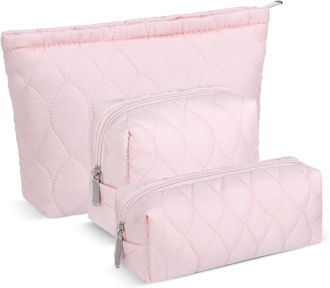 Huhumy 3 Pcs Puffy Makeup Bag Quilted Cosmetic Pouch for Women Cute Water drop Travel Toiletry Bag Puffer Makeup Organizer Purse Pouch Preppy Pencil Case with Zipper(Light Pink)