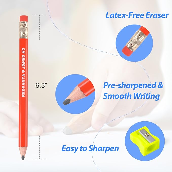 Jumbo HB Pre-sharpened Pencils #2 for Toddlers Preschoolers First Writing, Thick Triangular Grip Fat Pencils with Latex-Free Erasers, Break-Resistant, Back to School Supplies, 12 Count