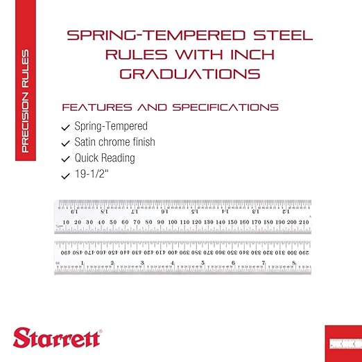 Starrett Spring Tempered Steel Rule with Satin Chrome Finish, Quick Reading, Millimeter and Inch Graduation - 19-1/2" Length, 36 Graduation Type, 1.2mm Thickness - C636-500