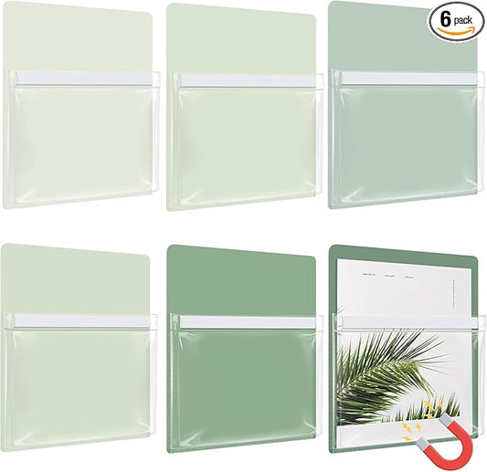 Fuutreo 6 Pcs Magnetic File Holder Colorful Magnetic Pocket Storage Pouch Paper Holder 12 x 9.5 Inch Magnet Pen Dry Erase Marker Organizer for Whiteboard Refrigerator Locker(Sage Green,Vertical)