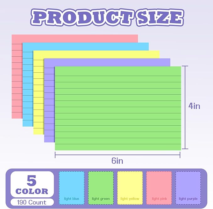 BIGNC Colored Index Cards 4x6, 190 Pack Ruled Index Cards, Flash Cards for Studying, Heavy Note Cards for Office, Home and School, Double Side Lined Colorful