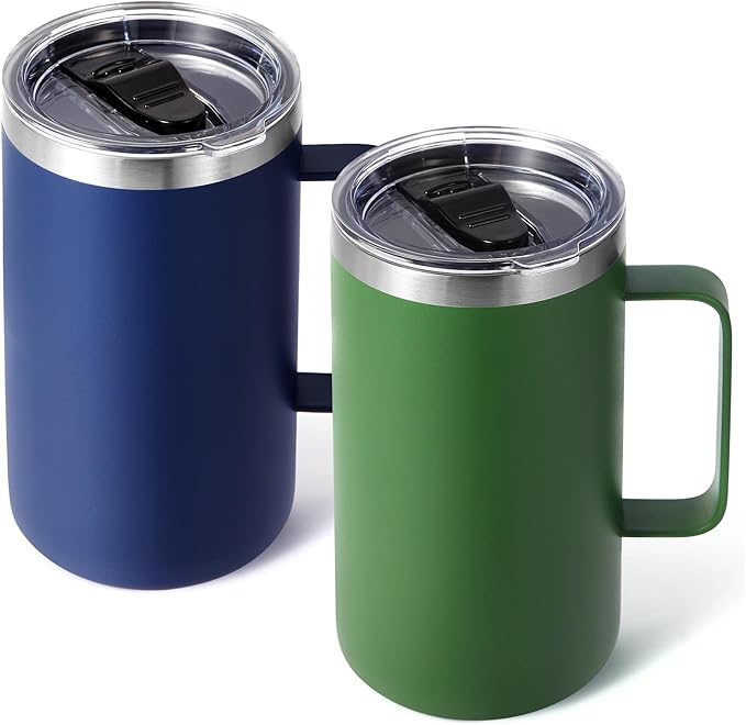 Volhoply 22oz Insulated Stainless Steel Coffee Mugs with Leakproof Lid Bulk 2 Pack,Double Wall Vacuum Travel Coffee Cup with Handle,Reusable Metal Tumbler,Camping Mug Keep Hot&Cold(Assort Color,2)