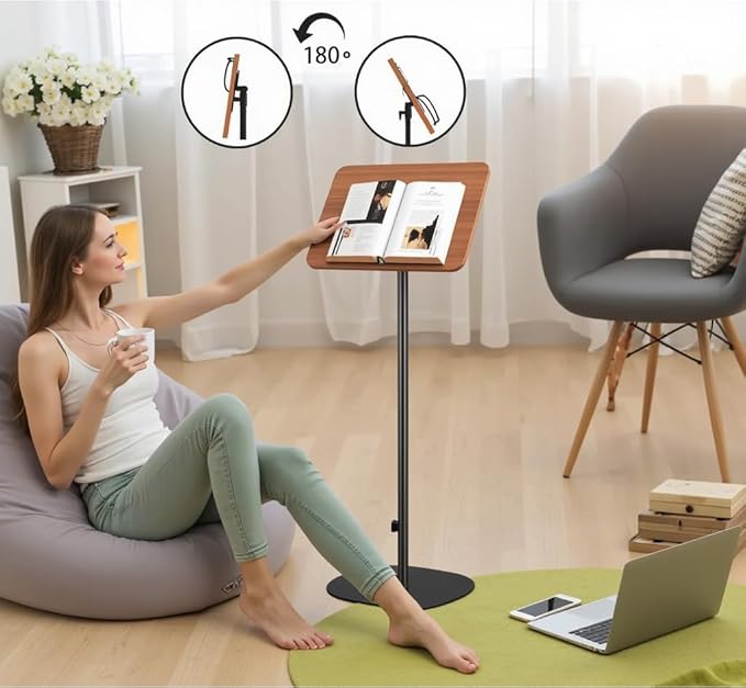 Adjustable Standing Book Stand,Book Reading Stands,Wood Music Sheet，Podium& Bible& Cookbooks Display Stands.Goodbye to Head Down Fatigue Adjustable Viewing Angle (Black, 35in)