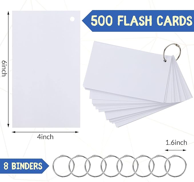 Yexiya 500 Pcs Index Cards with Rings Study Supplies Punched Lined Flash Cards with Holes Ruled Single Hole Notes and Metal Rings for Adults Office(4 x 6 Inch,Blank White)