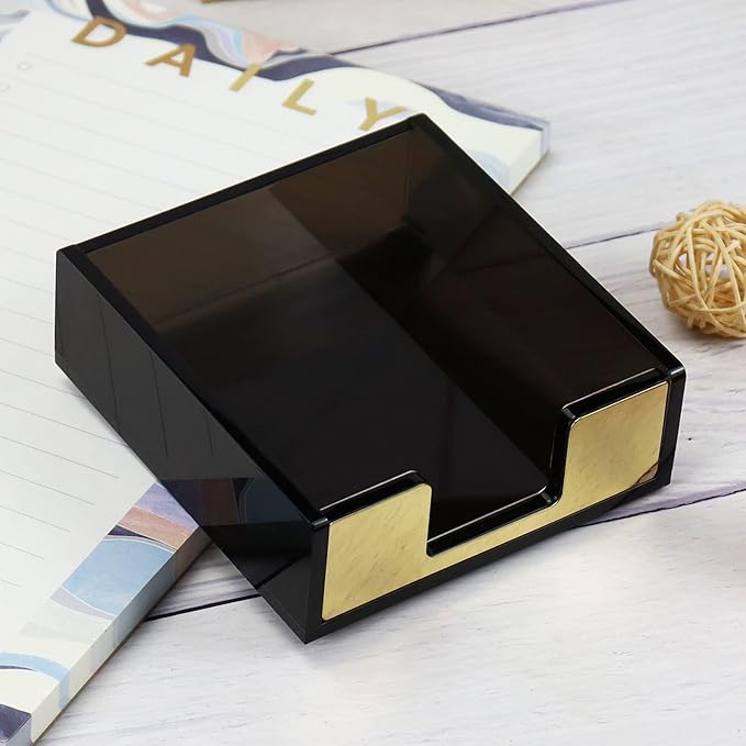 Acrylic Black and Gold Sticky Note Holder 3.7"¡Á3.7 Sticky Note Dispenser for Desk Cute Memo Notepad Holder for Office Supplies