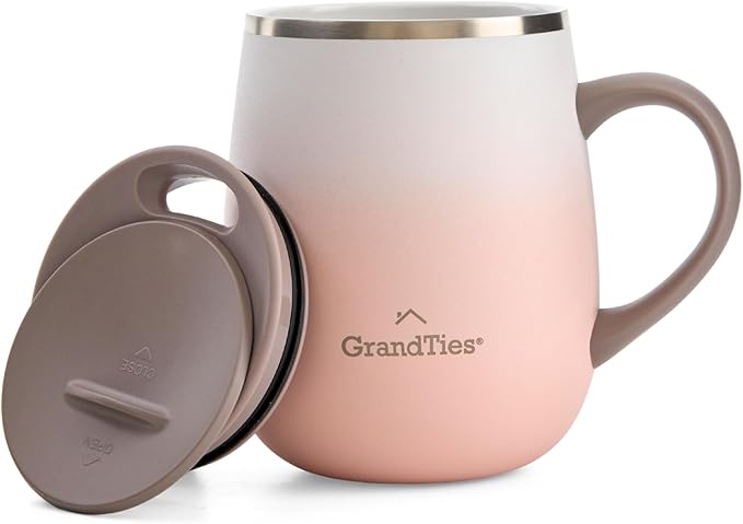 GRANDTIES 16oz Ceramic-Lined Insulated Coffee Mug with Sliding Lid, Wine-Glass Shape Thermal Tumbler with Double Walled Vacuum to Keeps Beverages Hot or Cold (Peach Blush)