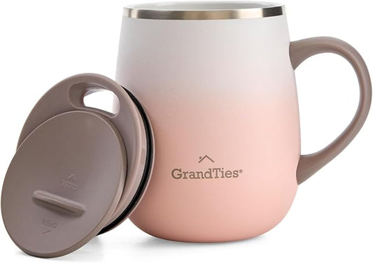 GRANDTIES 16oz Ceramic-Lined Insulated Coffee Mug with Sliding Lid, Wine-Glass Shape Thermal Tumbler with Double Walled Vacuum to Keeps Beverages Hot or Cold (Peach Blush)