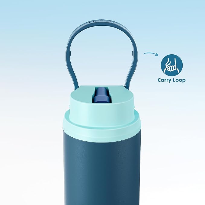 Meoky 24 oz Insulated Stainless Steel Water Bottle: Flip-to-Pop Straw, Leak Proof, 24H Cold, Wide Mouth, BPA-Free, Non-slip Base, Gym Water Bottle for Men Teen Boys, Denim