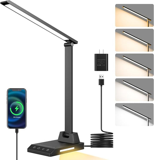 ShineTech LED Desk Lamp with USB-C Charging Port, Dimmable Desk Lamp for Home Office, Eye-Caring Reading Lamp with 25 Lighting Modes, Small Desk Light for Bedroom Nightstand with Adapter