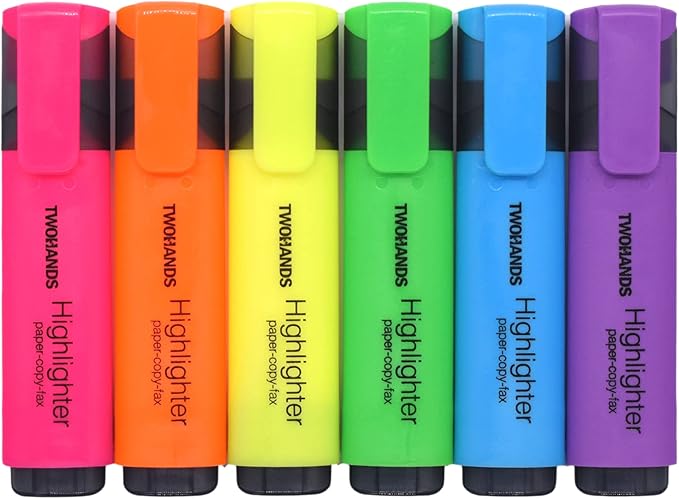 TWOHANDS Highlighters,Chisel Tip Marker Pens,6 Assorted Colors,with Large Ink Reservoir for Extra Long Marking 20062