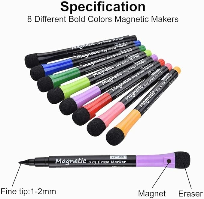 LivDeal Magnetic Dry Erase Markers - Fine Tip, Assorted Colors, 8 Pack, Low Odor Whiteboard markers for kids, Work On White board & Calendar, Refrigerator, (OF038)