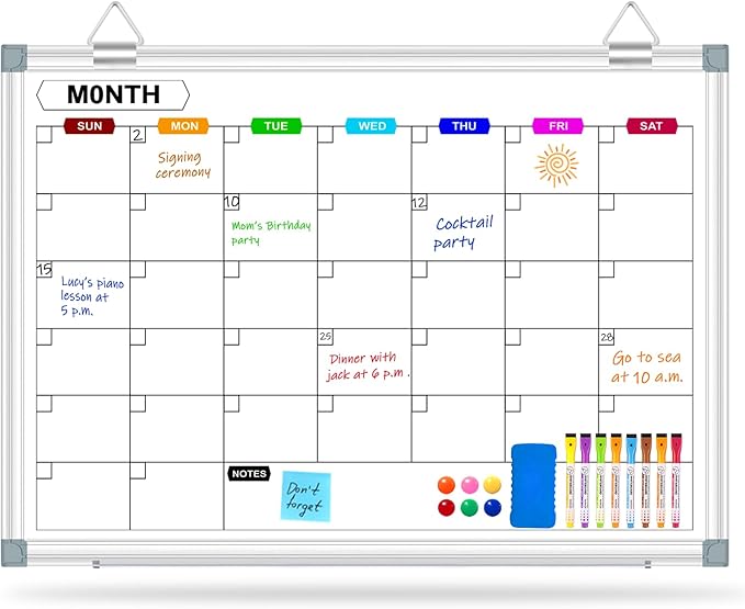 Dry Erase Calendar Whiteboard for Wall, 24" x 18" Magnetic Monthly White Board Calendar with Tray, Hanging Dry Erase Board for Office, Home, School