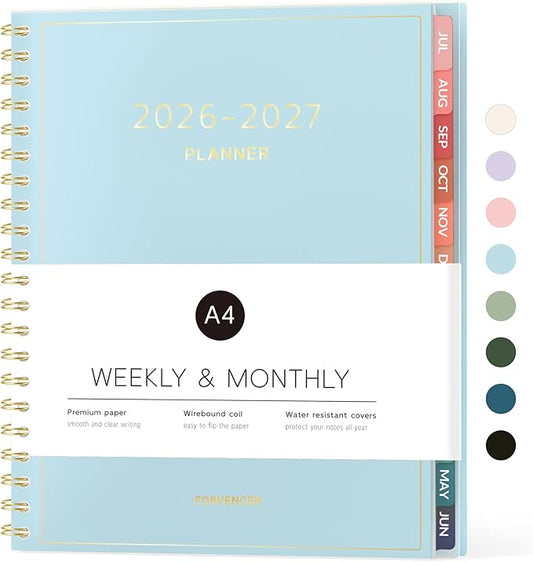 Forvencer Academic Planner 2026-2027, Weekly & Monthly Calendar Planner, July 2026-June 2027, 8.5" X 11", Daily Agenda Book, Flexible Cover Notebook, College School Teacher Organizer A4, Light Blue