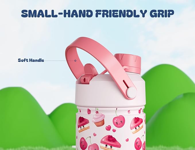 12 oz Insulated Water Bottle for Kids: 2-in-1 Straw Spout Lid, Spill-proof, BPA-Free, Easy Clean, Keep Cold 24H, Cute Patterns, Stainless Steel Cup for School, Travel, Holiday Gift (Cherry Yum Yum)