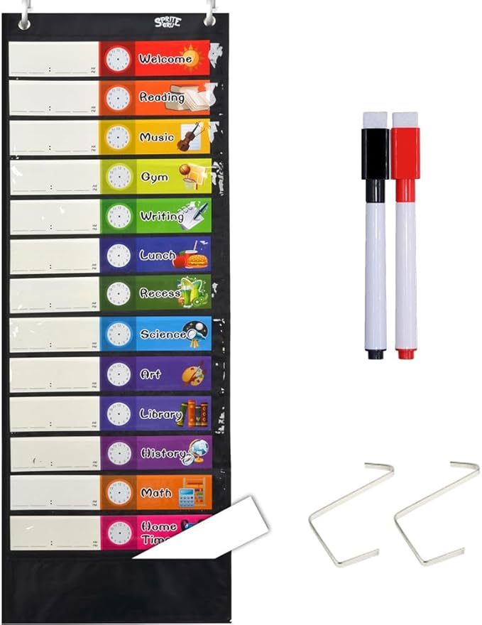 Daily Schedule Pocket Chart， Black Class Schedule with 26 Cards, 13+1 Pockets. 13 colored + 13 blank double-sided reusable Cards, Easy Over-door Mountings included. (13” x 36”)