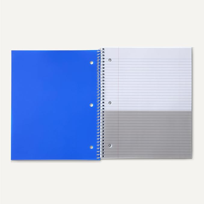 Amazon Basics Wide-Ruled Spiral Notebooks with Pocket Divider, 8" x 10.5", 100 Sheets, Perforated Pages, Assorted Primary Colors, 3-Pack
