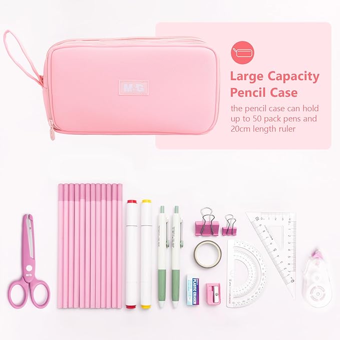 M&G Large Pencil Case, Big Capacity Pencil Pouch with 3-layer Compartment, Portable Handheld Pencil Bag, Cute School Stationery Organizer for Boys Girls Men Women, Ideal for Office School, Pink