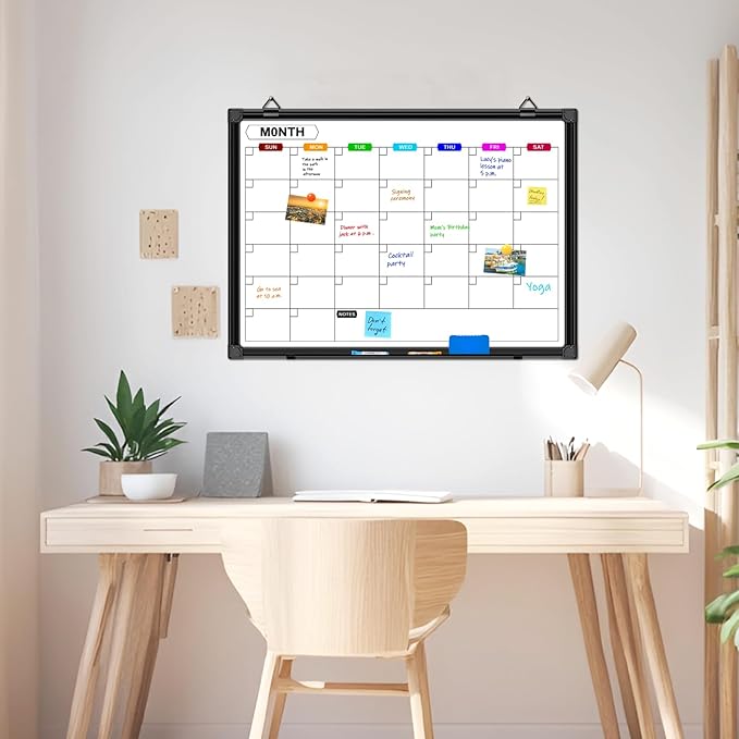 Calendar Whiteboard for Wall 24" x 18", Monthly White Board Calendar Dry Erase with Black Aluminum Frame, Dry Erase Board for Office Home and School