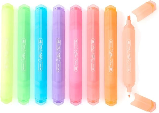 Dual Tip Highlighters, 8 Pack – Chisel & Fine Tip Pastel Highlighter Pens, No Bleed, Quick Dry Markers for Bible, Journaling, Notes & Study