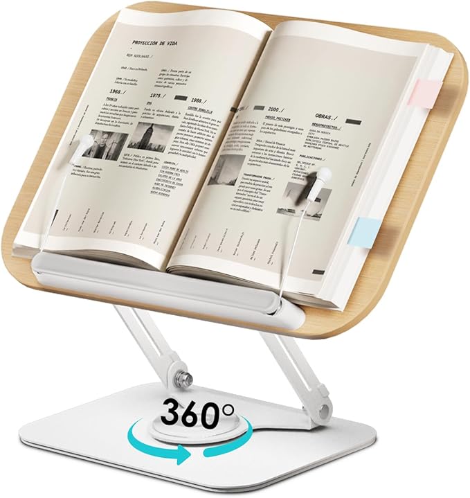 Viozon Book Stand for Reading,Book Holder, Height&Angle Adjustable, 360° Rotating Base, Foldable and Portable, Lightweight for Office, Kitchen, School Textbook, Recipe, Magazine,Kindle,Tablet LW