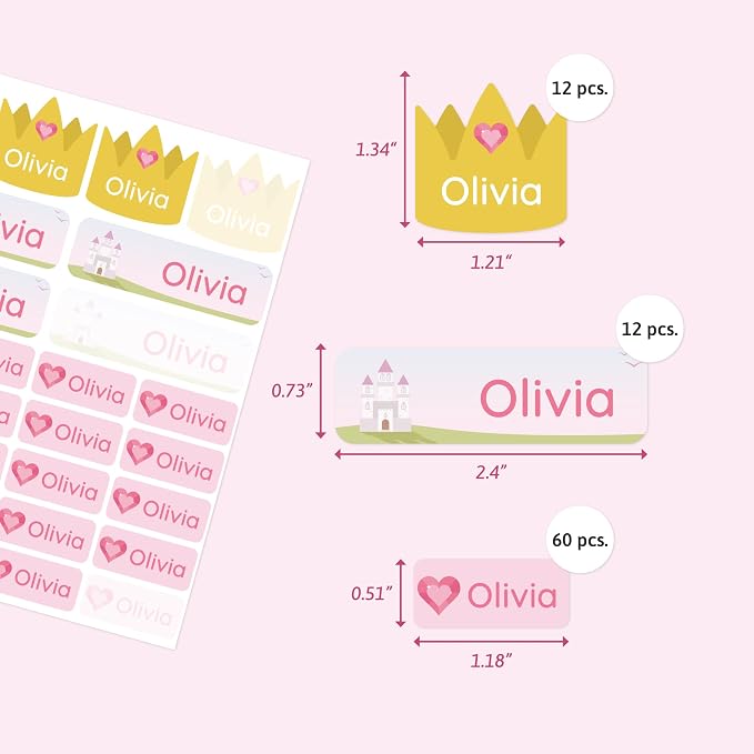Personalized Daycare Name Labels (84) – Daycare Labels & Name Stickers for Kids – Labels for Kids Stuff Daycare – Waterproof for Baby Bottles, Clothing & Lunch Boxes - Princess Heart