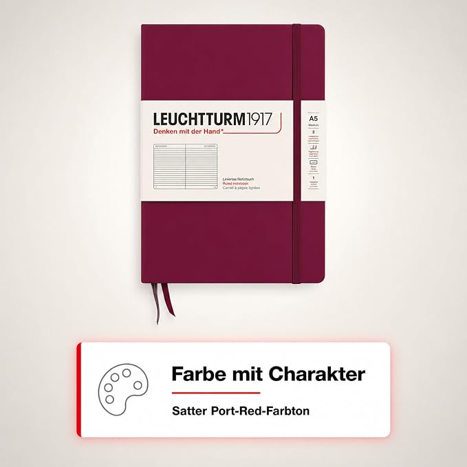 LEUCHTTURM1917 - Notebook Hardcover Medium A5-251 Numbered Pages for Writing and Journaling (Port Red, Ruled)