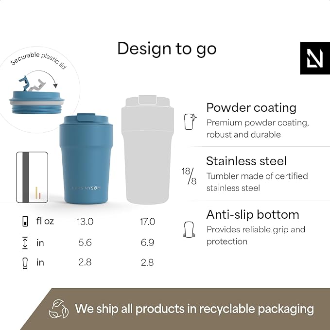 LARS NYSØM Thermo Coffee Mug to go 13oz | Travel Mug 0.38 Liter with Insulation | Silicone grip base | Leak Proof Stainless Steel Tumbler for Coffee and Tea on the Go (Powder Calypso Blue, 13oz)