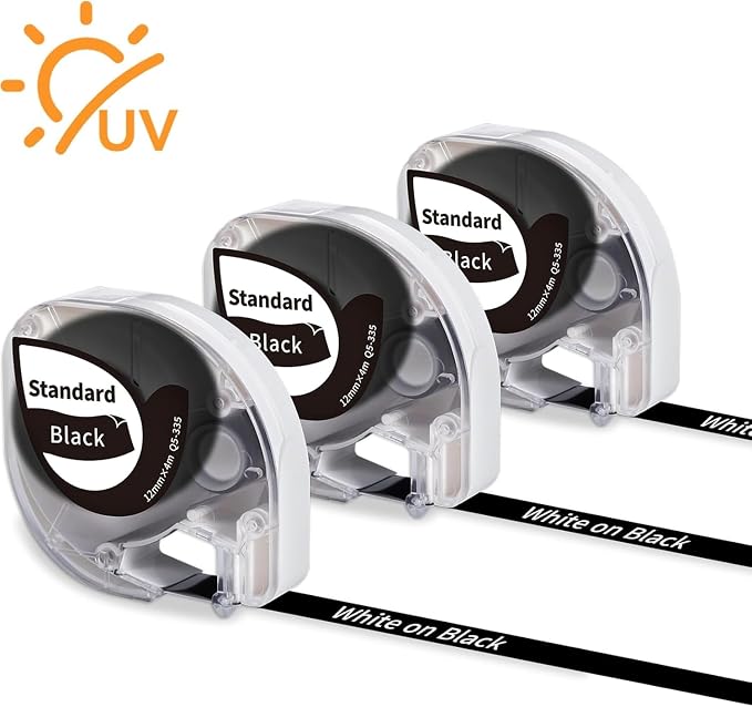 Phomemo P12 Label Tape Compatible with DYMO Label Maker Refills LT-100H | LT-100T 200B, for P12 LT12 F12 Label Makers 12mm x 4m(1/2''X 13') 3-Pack White on Black for School Name Tag Home Outdoor