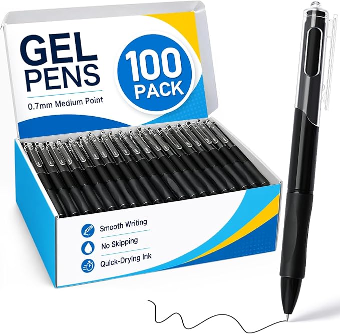 Ellinjan 100 Pack Gel Pens Bulk, Black Ink, 0.7mm Retractable Pens | Smooth Writing, Quick-Dry Ink, Soft Rubber Grip, Medium Point Pens for School, Office and Home