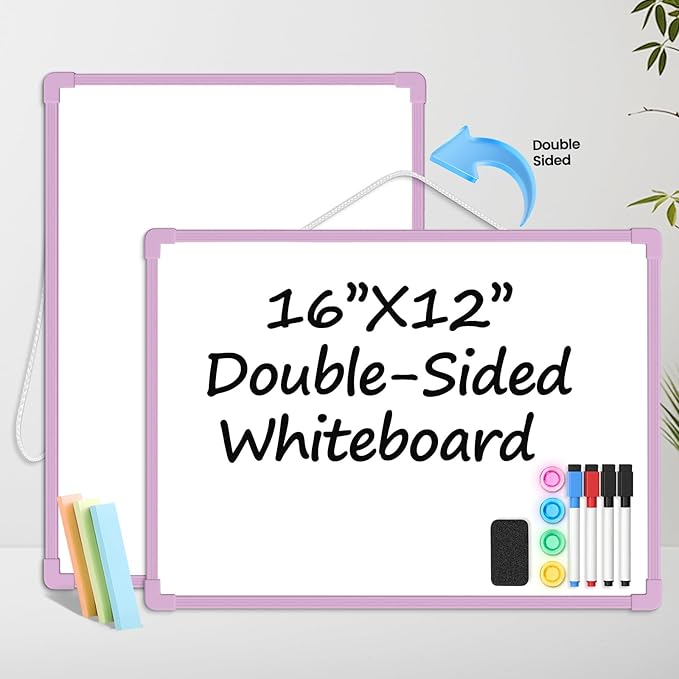 Purple Frame Small Dry Erase Board for Wall, 16" x 12" Double-Sided Hanging Whiteboard with 4 Markers, 4 Magnets and 3 Mini Sticky Notes, Portable Whiteboard for Kids, School, Home, Office